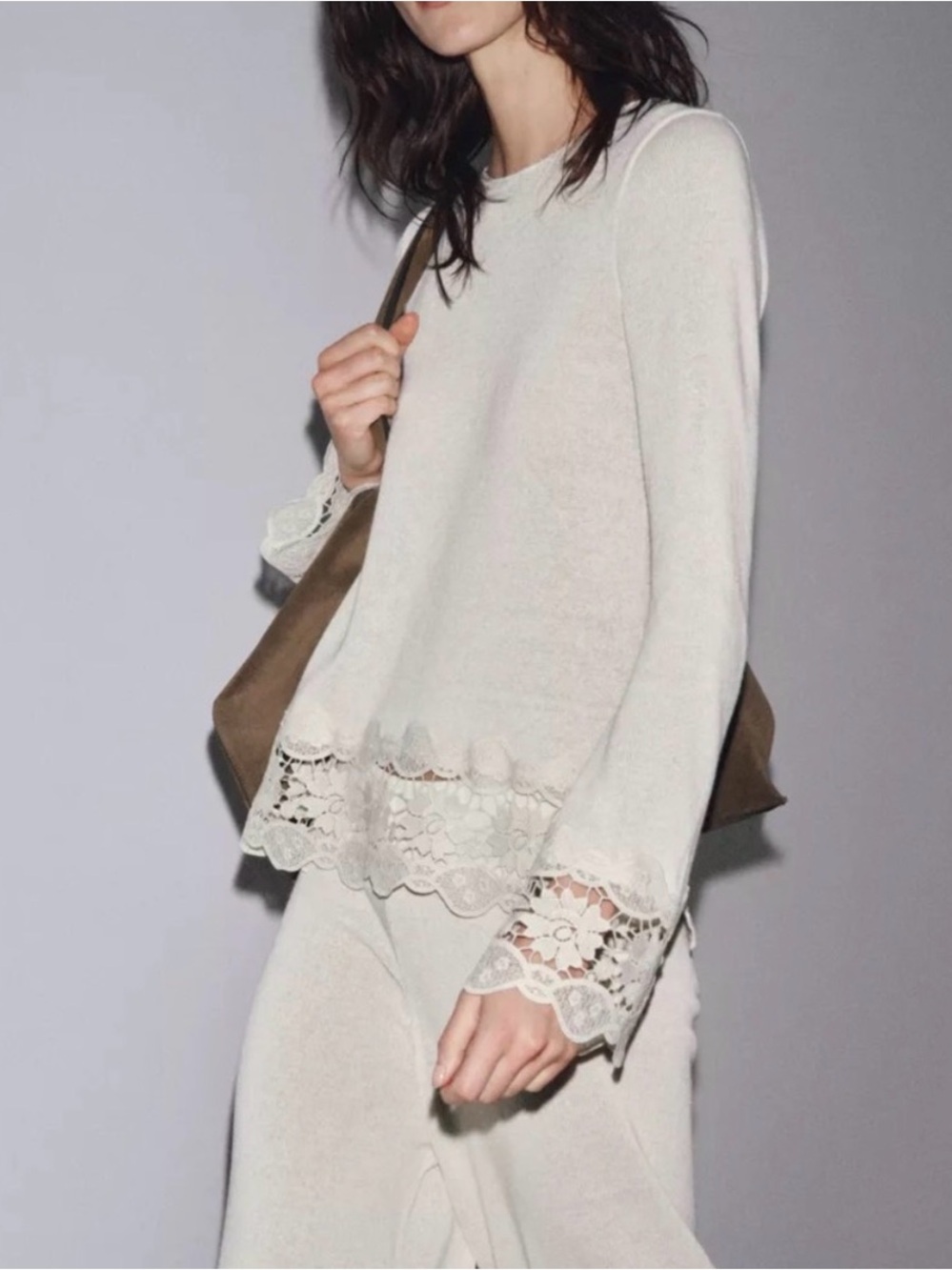 Zara NWT Ivory Lace Trim Knit Matching Set, Shirt and Pant, Large - Picture 2 of 11
